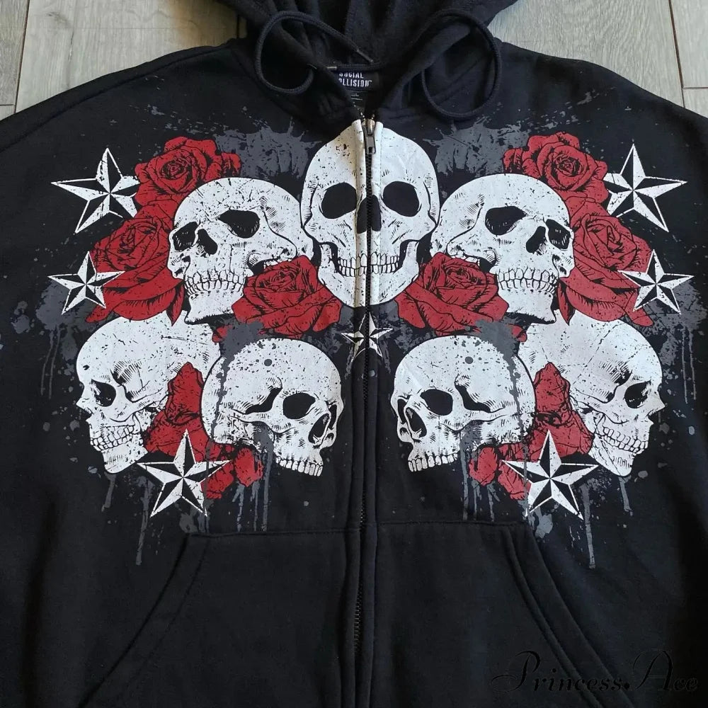 Antique Skull Flower Print Hoodie hoodies-241228