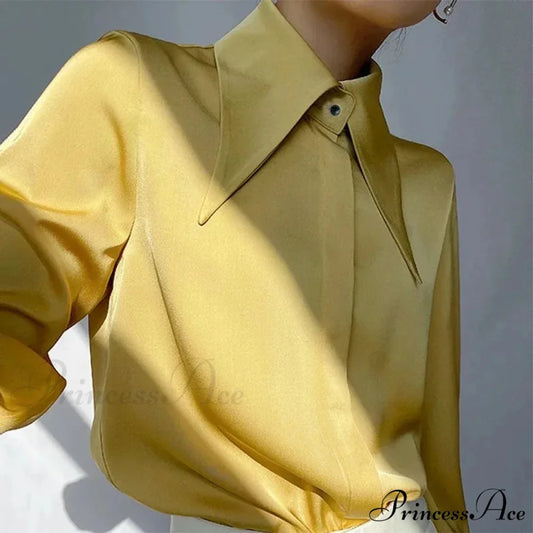 Antique Smooth Silk Fold Over Collar Shirt Yellow / S blouse-250126