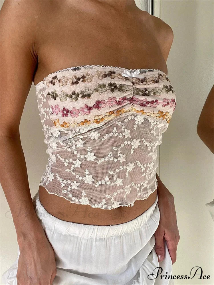 Antique Stitched Blossom Bandeau Crop Top croptop-250126