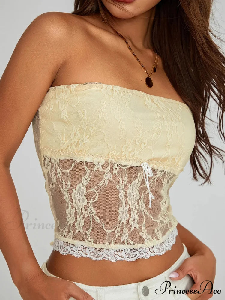 Antique Stitched Flowery Off-the-shoulder Transparent Bandeau Top croptop-250126