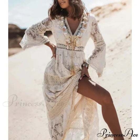 Antique Stitching Baggy Ivory Crimson Boho Dress Beige / S bohodress-250126