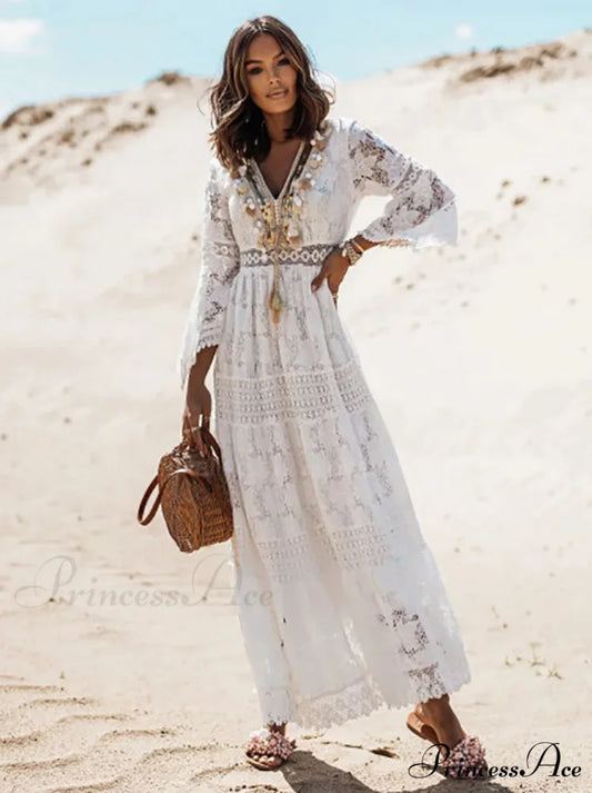 Antique Stitching Baggy Ivory Crimson Boho Dress bohodress-250126