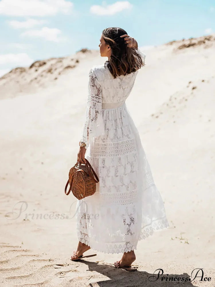 Antique Stitching Baggy Ivory Crimson Boho Dress bohodress-250126