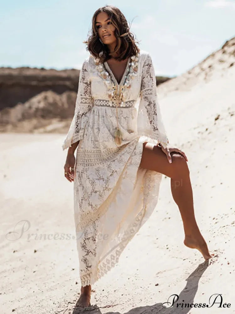 Antique Stitching Baggy Ivory Crimson Boho Dress bohodress-250126