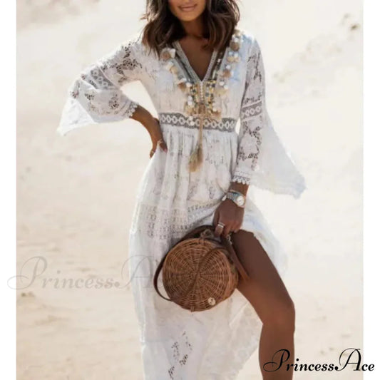 Antique Stitching Baggy Ivory Crimson Boho Dress bohodress-250126