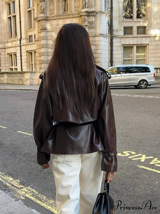 Antique Tan Button Faux Leather Jacket coats-241228