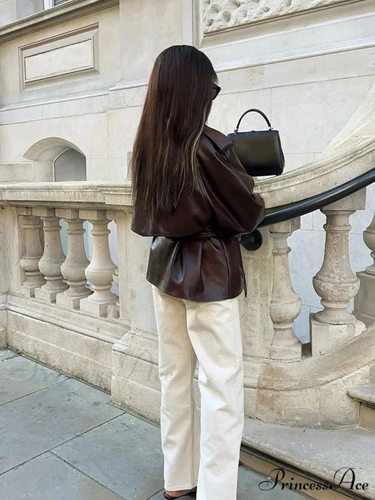 Antique Tan Button Faux Leather Jacket coats-241228