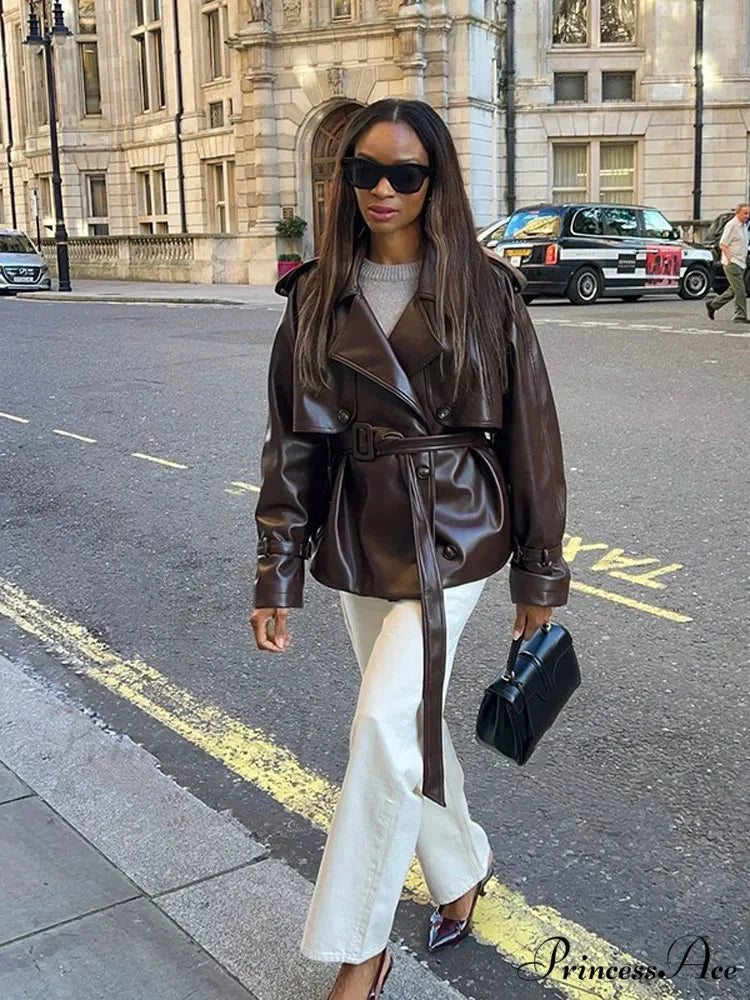 Antique Tan Button Faux Leather Jacket coats-241228