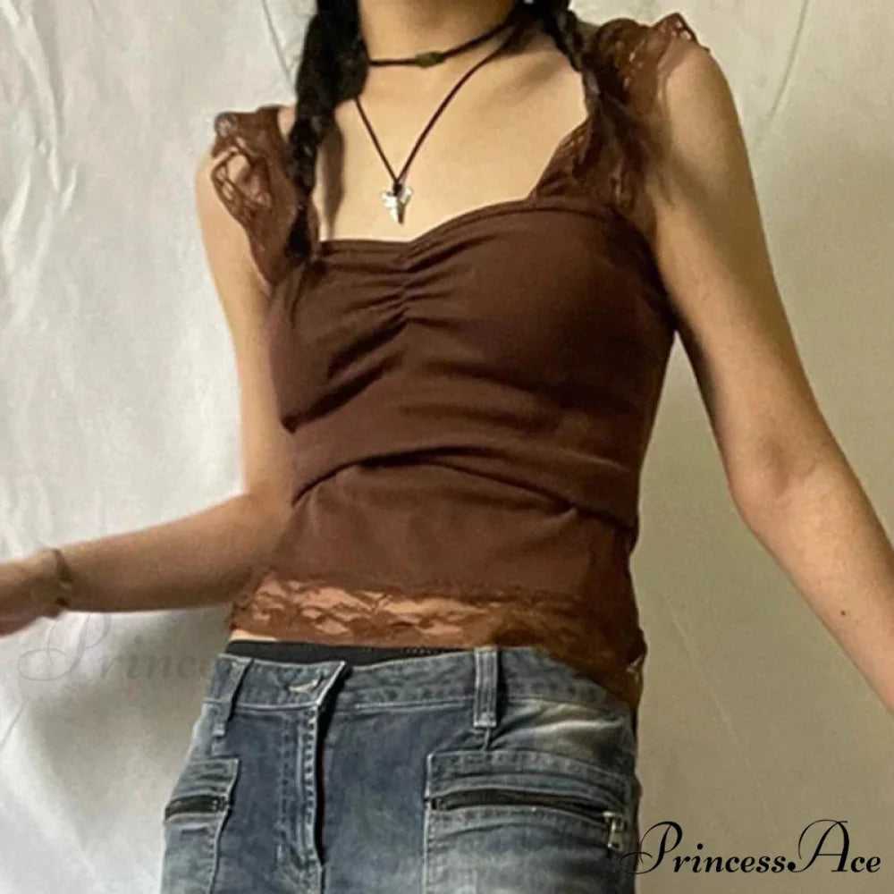Antique Tan Lace Patchwork Open Back Slim Fit Enchanted Grunge Y2K Camis Crop Top croptop-250126