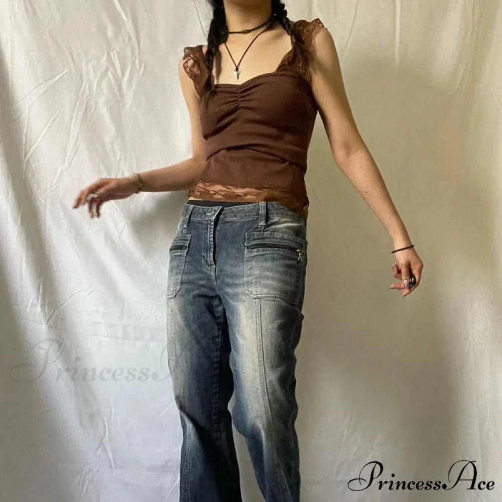 Antique Tan Lace Patchwork Open Back Slim Fit Enchanted Grunge Y2K Camis Crop Top croptop-250126