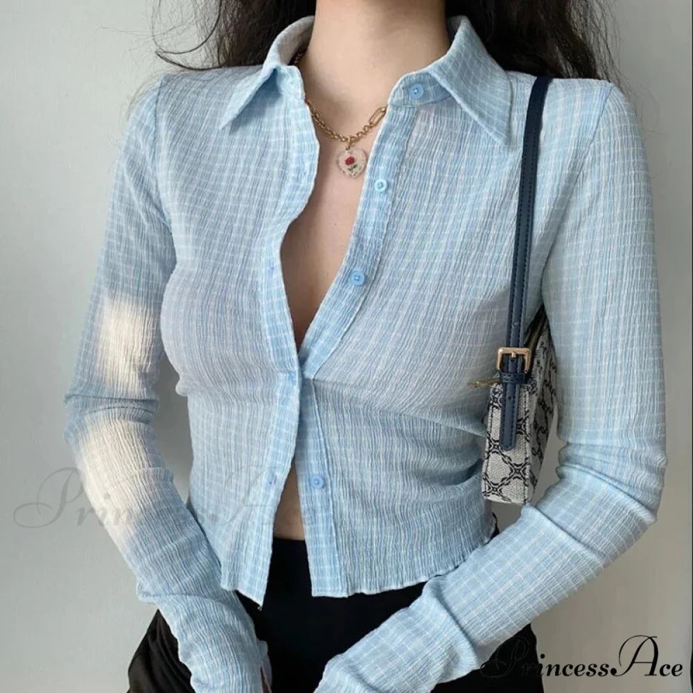 Antique Tartan Extended Sleeve Blouse Blue / M blouse-250223