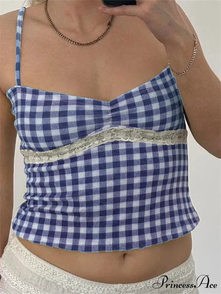 Antique Tartan Lace Patchwork Spaghetti Crop Top BLUE / S croptop-250126