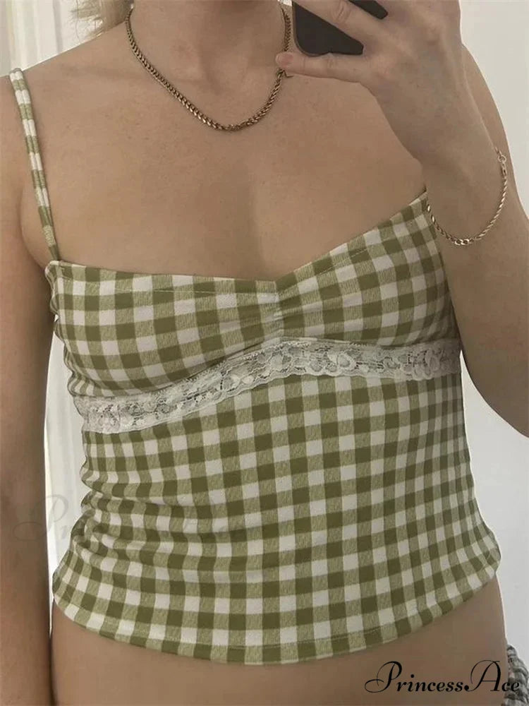 Antique Tartan Lace Patchwork Spaghetti Crop Top GREEN / S croptop-250126