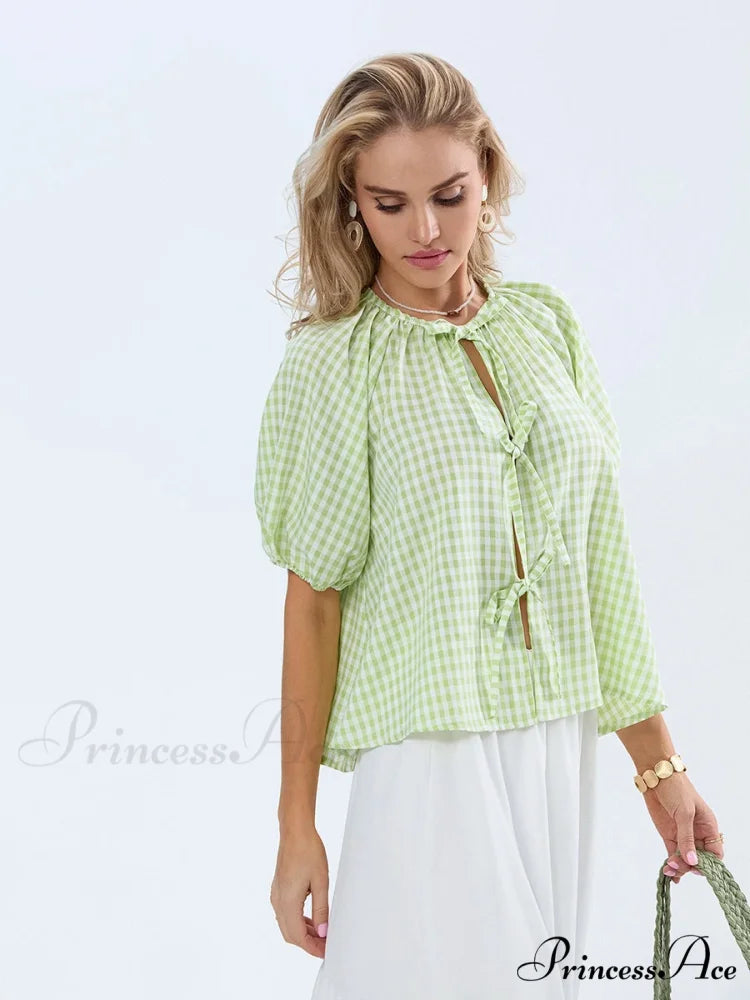 Antique Tartan Lace-Up Blouse blouse-250223