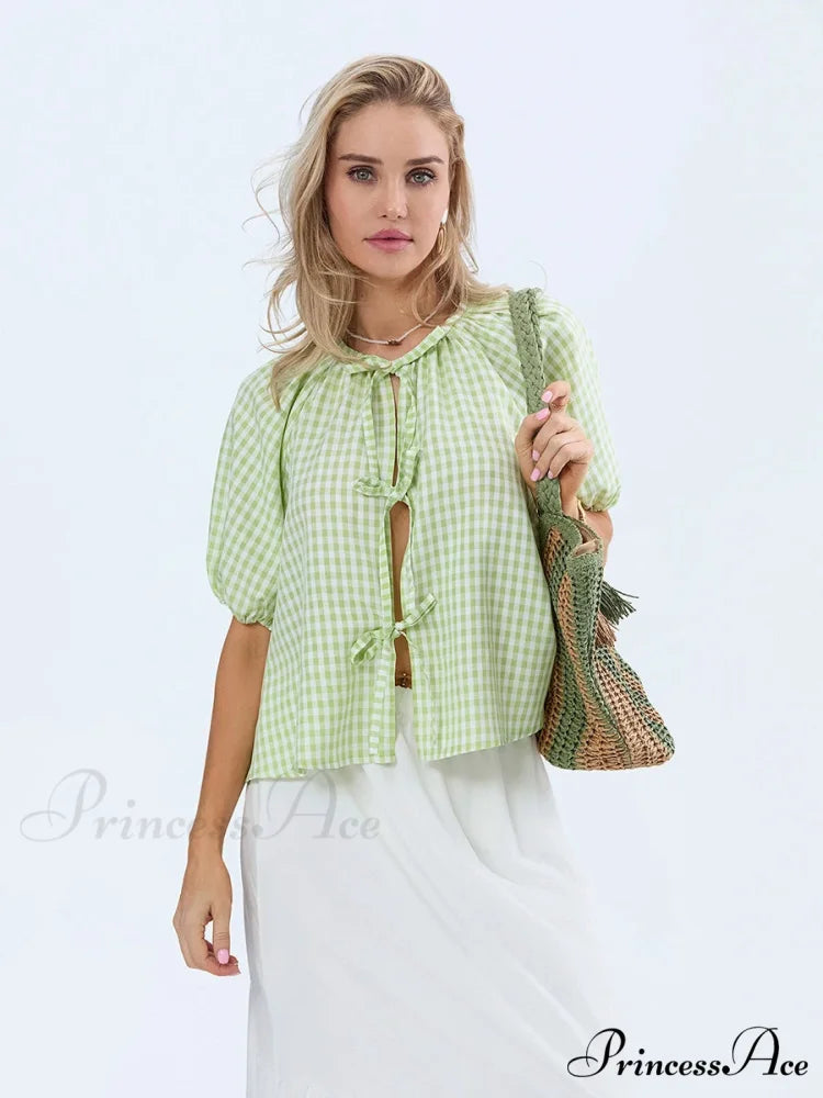 Antique Tartan Lace-Up Blouse blouse-250223