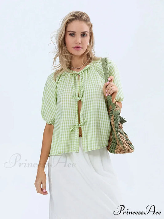 Antique Tartan Lace-Up Blouse blouse-250223