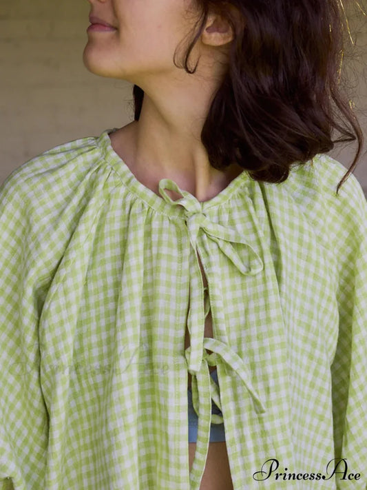 Antique Tartan Lace-Up Blouse green / S blouse-250223