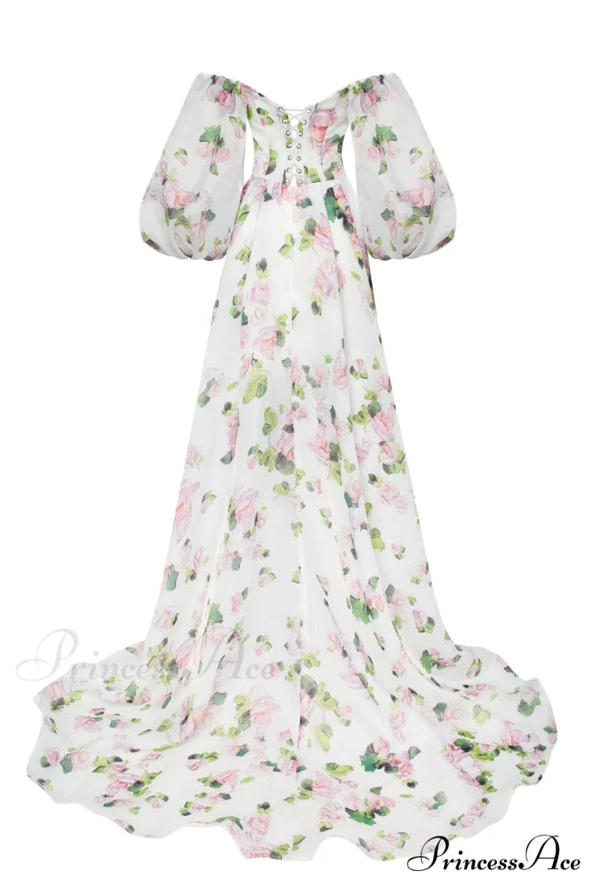 Apple Blossom Elegant Floral Graceful Puff Sleeve Maxi Dress