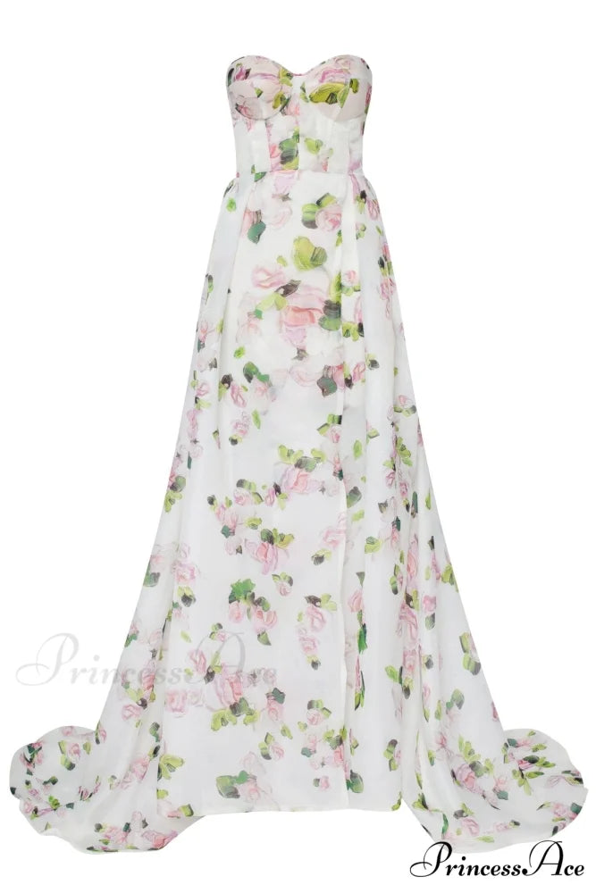 Apple Blossom Strapless Maxi Graceful Dress With Front Slit XXS / Apple Blossom / White