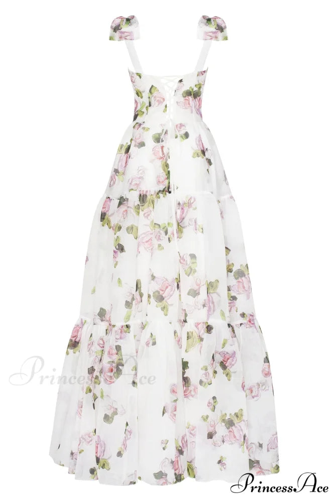 Apple Blossom Tender Charming Floral Maxi Tie-Strap Dress