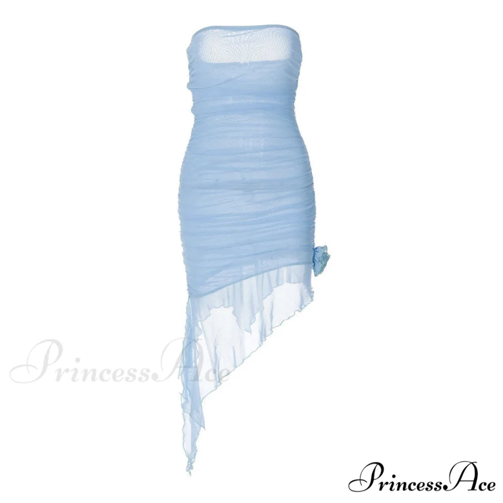 Appliqu锟斤拷锟?Detail Ruched Mesh Strapless Classic Bodycon Mini Dress - Blue L / White