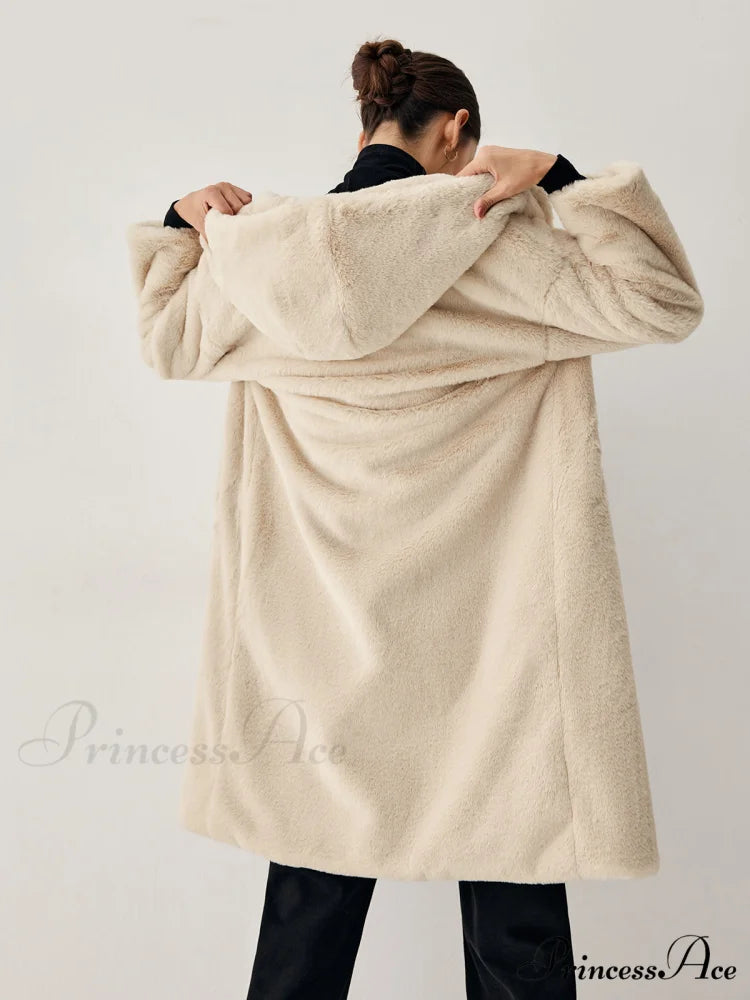 Apricot Faux Fur Trendy Hooded Longline Coat