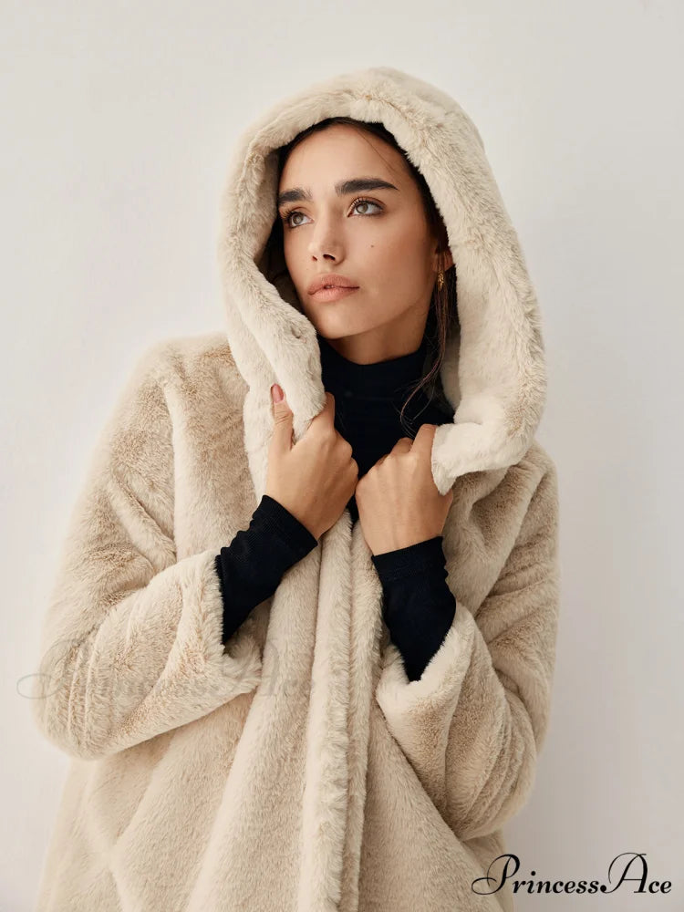 Apricot Faux Fur Trendy Hooded Longline Coat