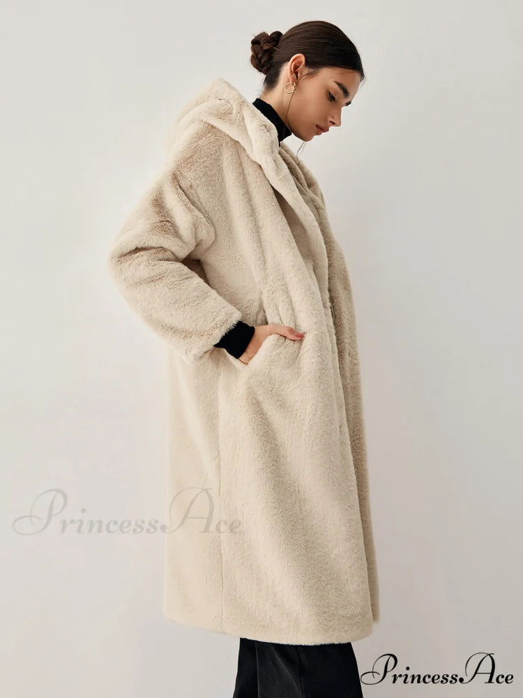 Apricot Faux Fur Trendy Hooded Longline Coat