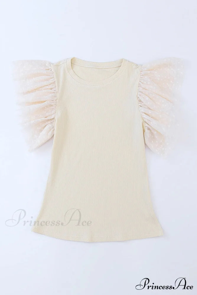 Apricot Ruffle Mesh Ribbed Knit Arm Top