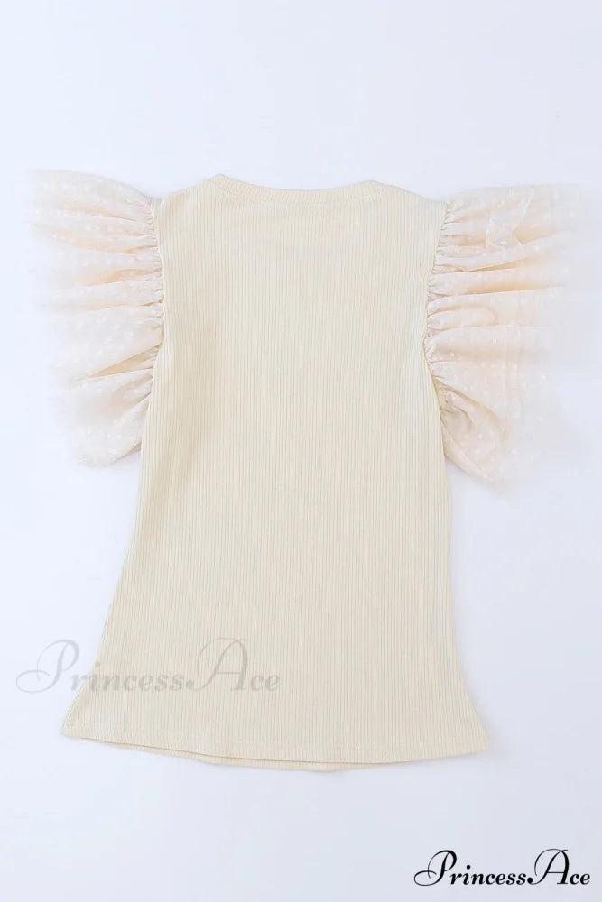 Apricot Ruffle Mesh Ribbed Knit Arm Top