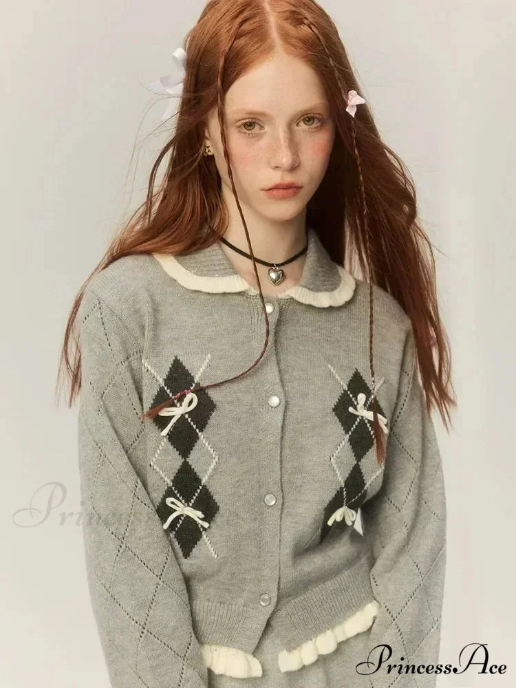 Argyle Collar Stylish Buttoned Knitted Cardigan Grey / S