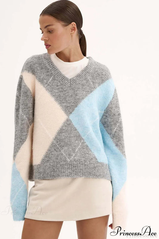 Argyle Pattern Crew Neck Pullover Long Sleeve Warm Sweater