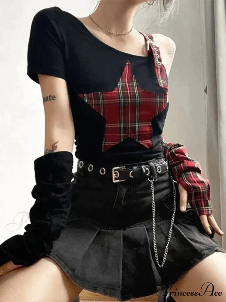 Argyll Print Crew Neck Modern Crop Tank Top - Coffee