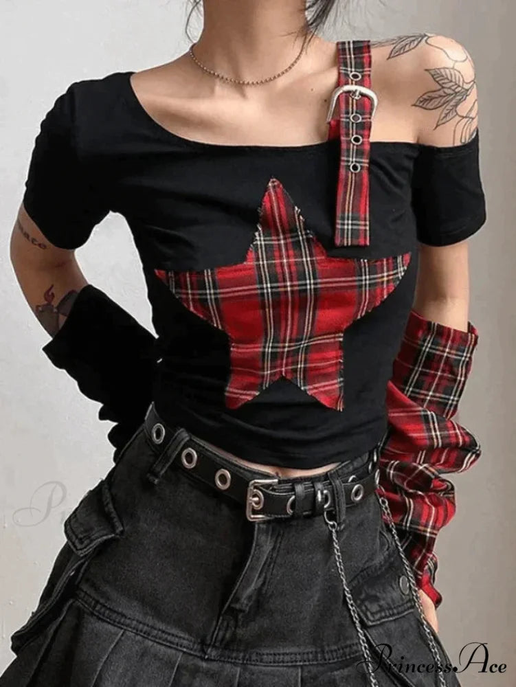 Argyll Print Crew Neck Modern Crop Tank Top - Coffee Black / S