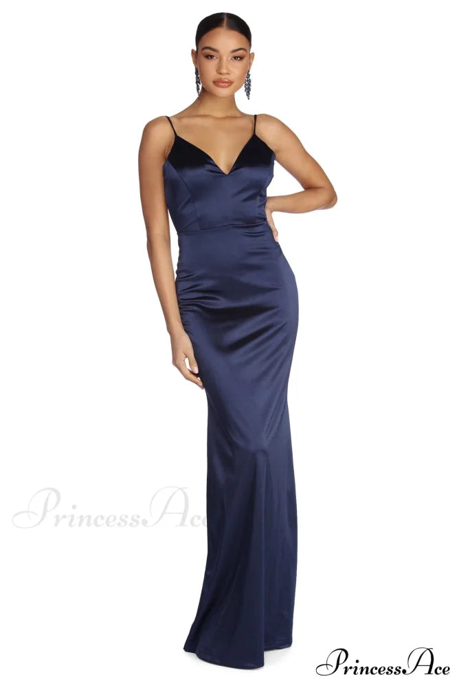 Aria Formal Stylish Satin Ruched Dress NAVY / XS