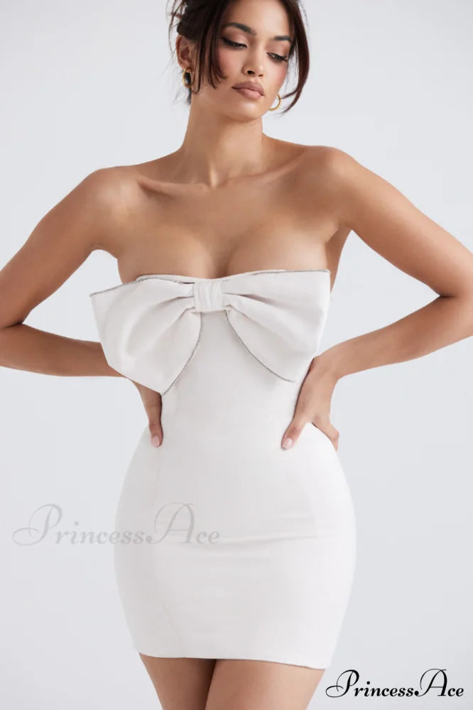 Ariella Ivory Satin Charming Crystal Bow Dress