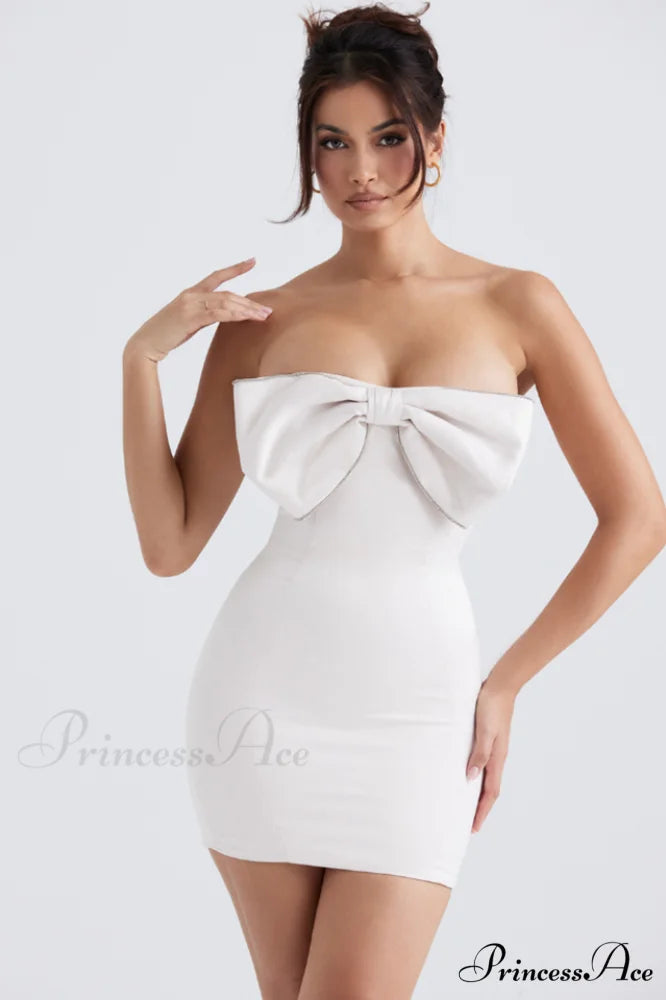 Ariella Ivory Satin Charming Crystal Bow Dress XS / Ivory