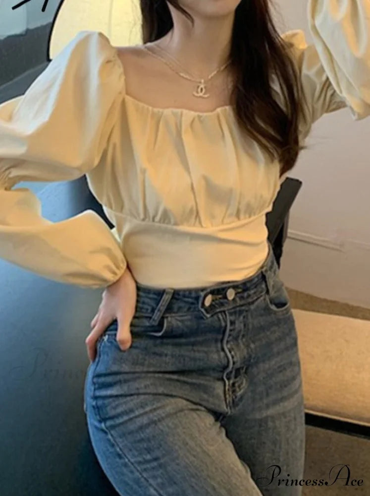 Arm 2024 - Spring/Summer Women’s Puff French Style Chic Neckline Boxy Blouse Shirt Creamy-white / One Size