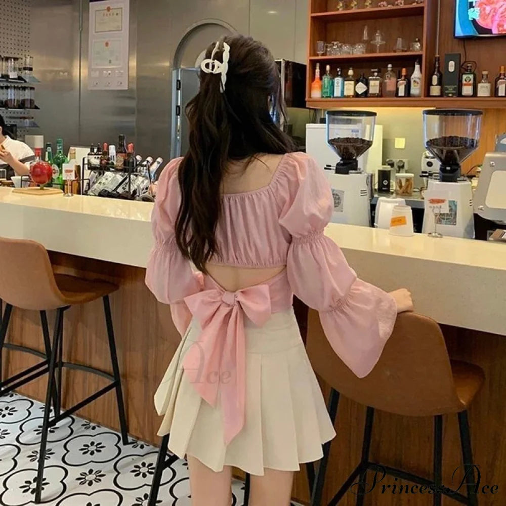 Arm Bandage Black New Cropped Pink Fashion Neck - Spring French Women Boxy Autumn Blouse Bow - Top Women Back Puff