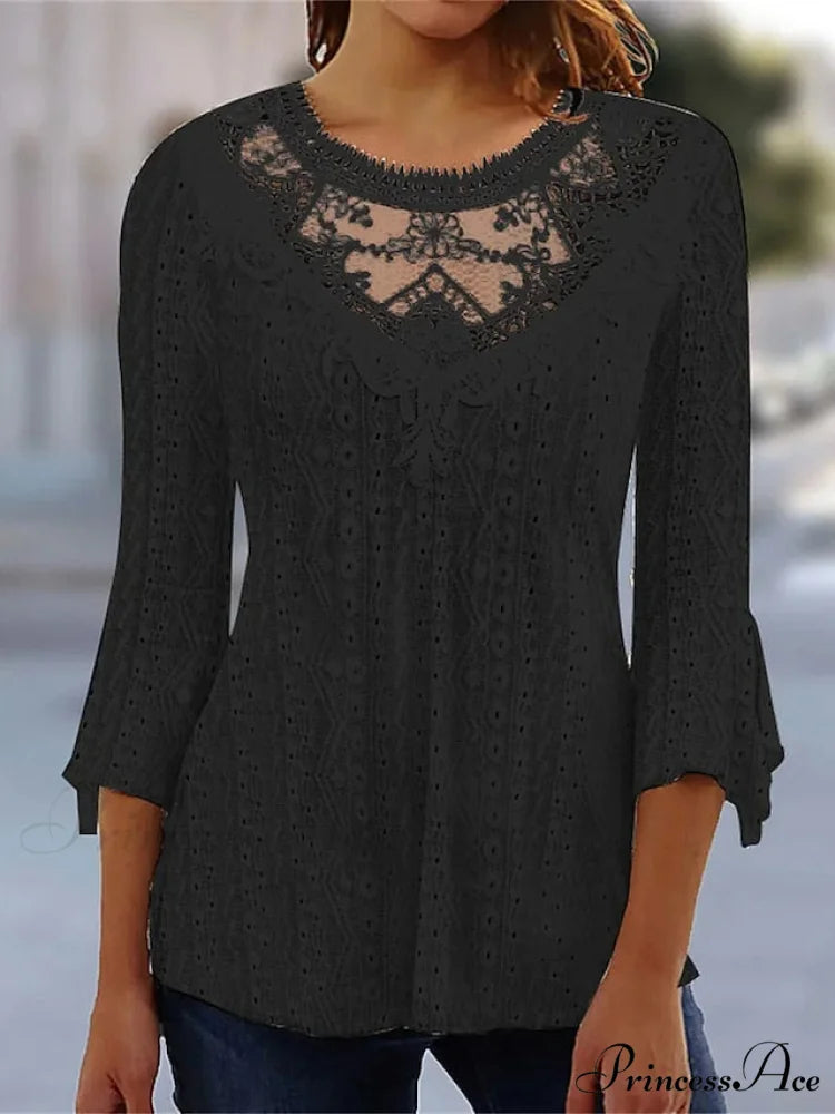Arm Blouse Neck Black Blouse Pink Round White Lace 3/4 Casual Women’s Regular S Black / S