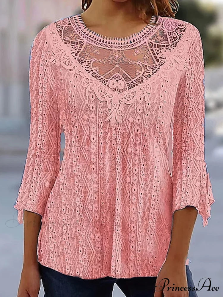 Arm Blouse Neck Black Blouse Pink Round White Lace 3/4 Casual Women’s Regular S Pink / S