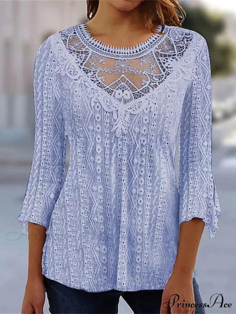 Arm Blouse Neck Black Blouse Pink Round White Lace 3/4 Casual Women’s Regular S Blue / S