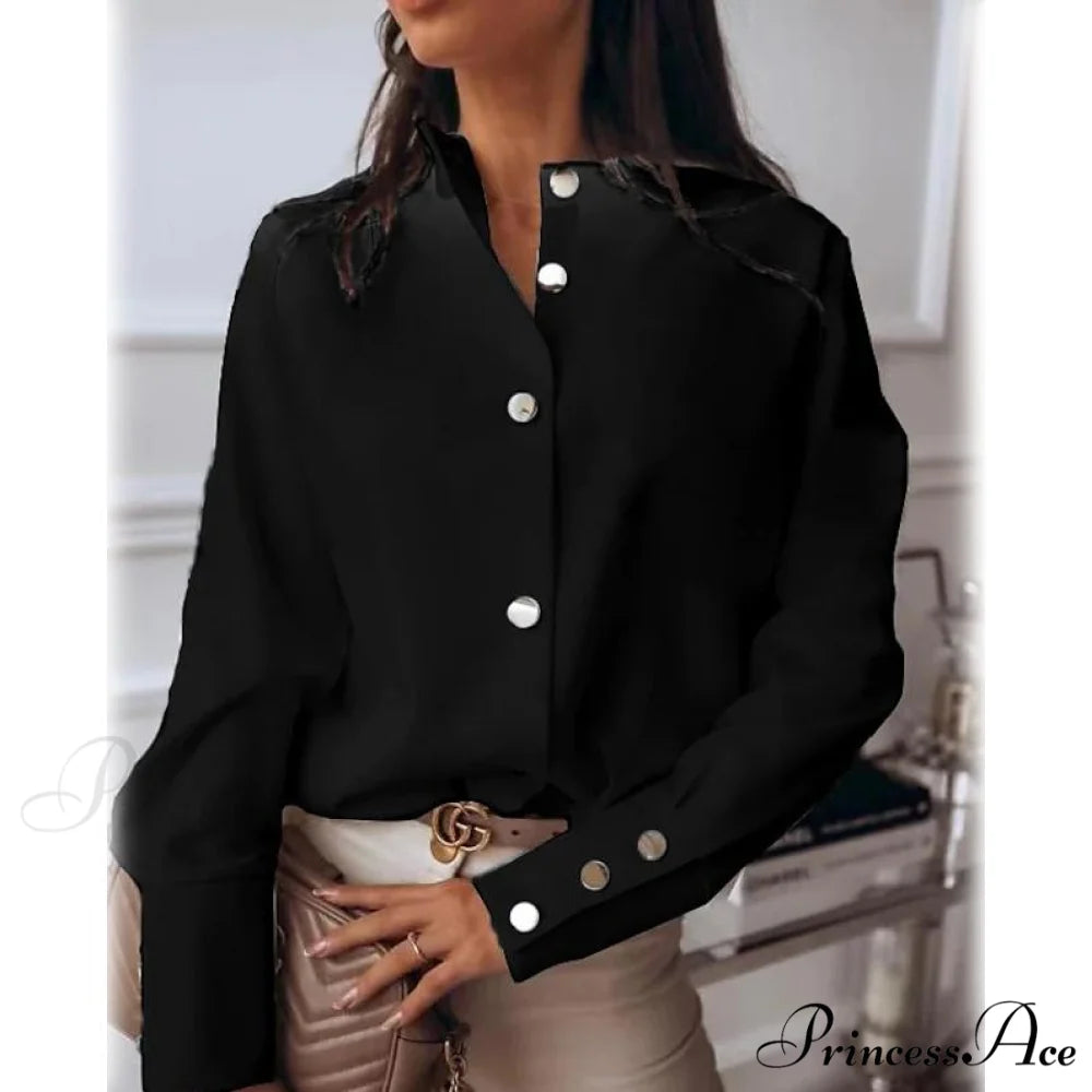 Arm Button for Neckline Colored Top Solid Long Standing Basic Women Black / S