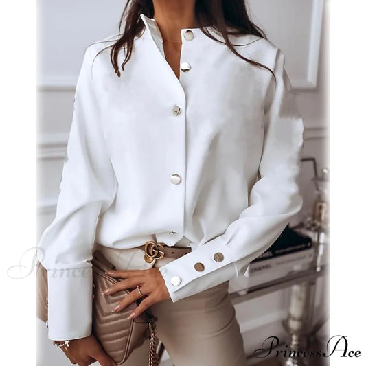 Arm Button for Neckline Colored Top Solid Long Standing Basic Women White / S