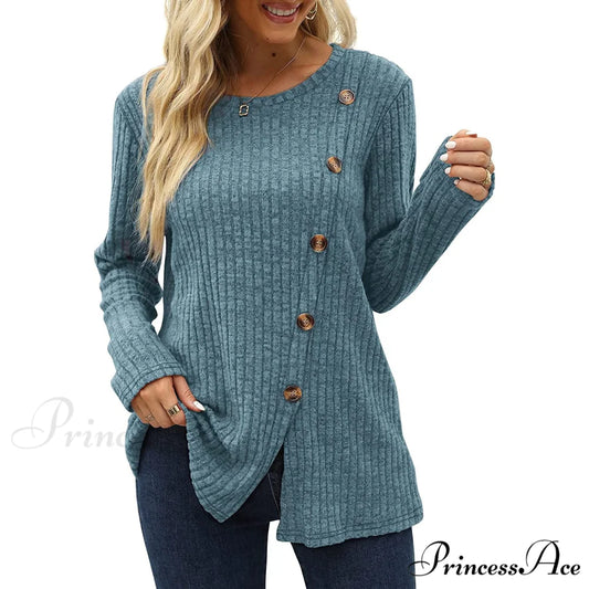 Arm Crew for Top with Neck Buttons Side Long Tunic Women