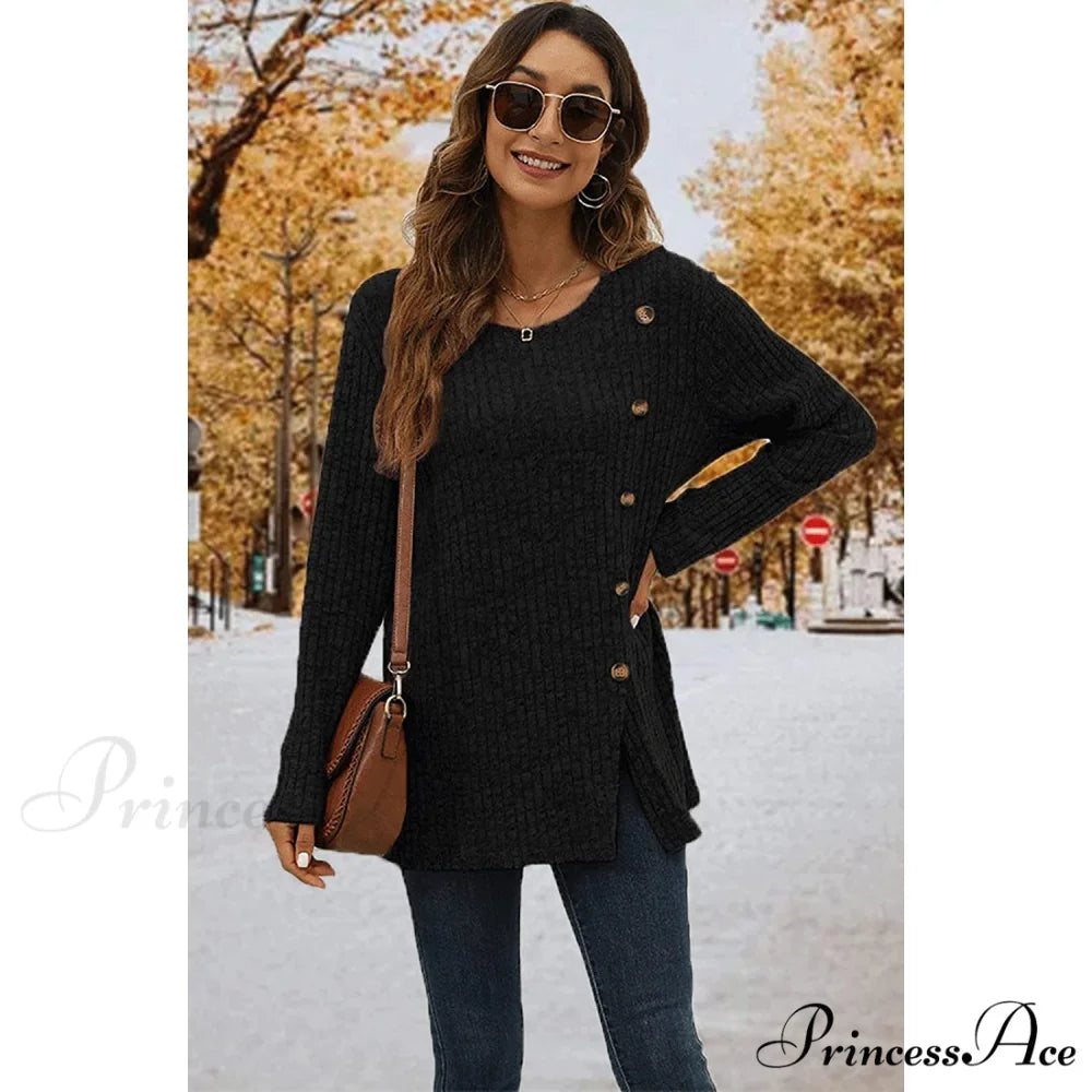 Arm Crew for Top with Neck Buttons Side Long Tunic Women