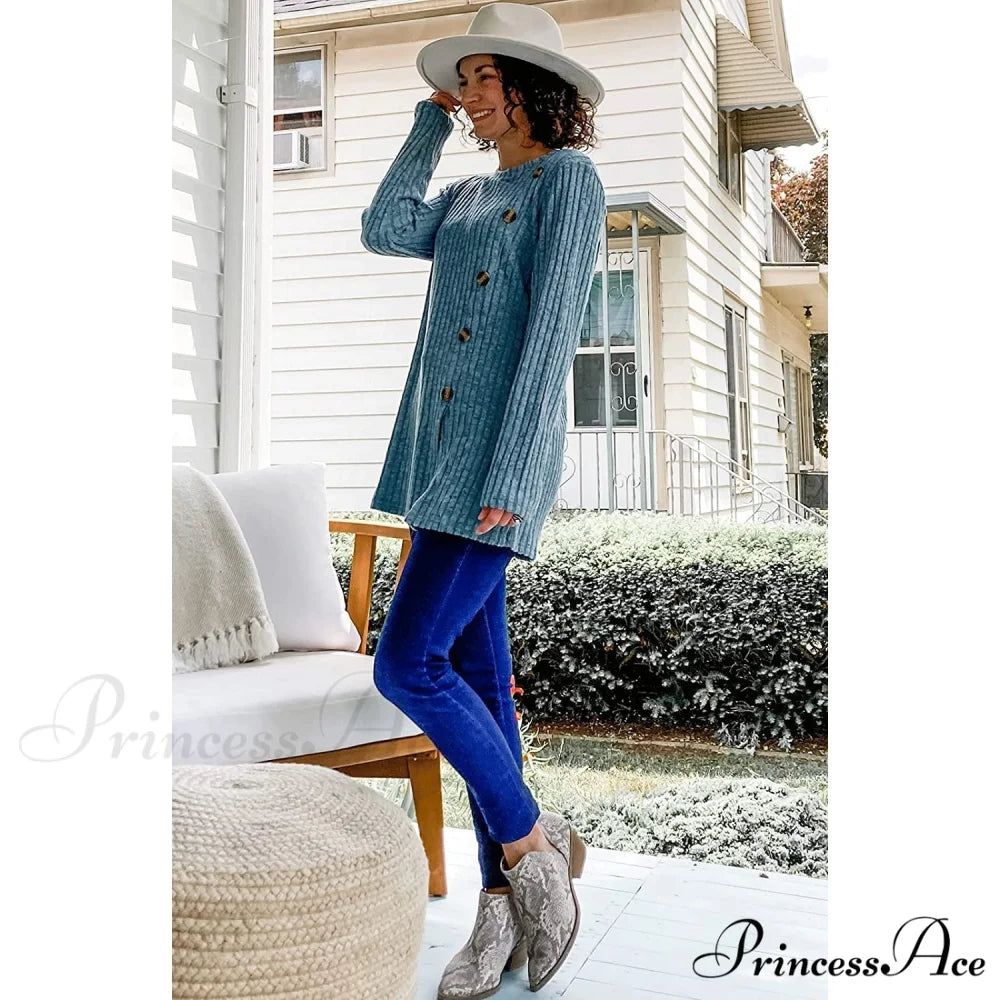 Arm Crew for Top with Neck Buttons Side Long Tunic Women