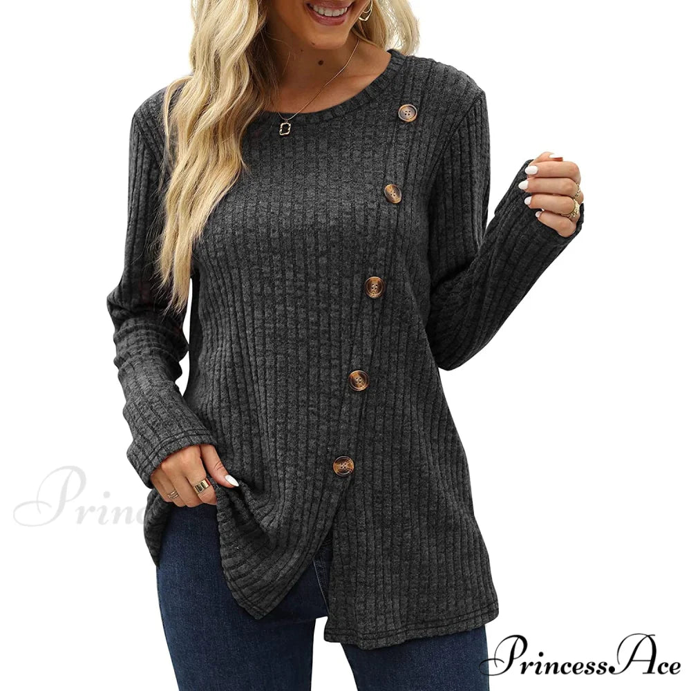 Arm Crew for Top with Neck Buttons Side Long Tunic Women