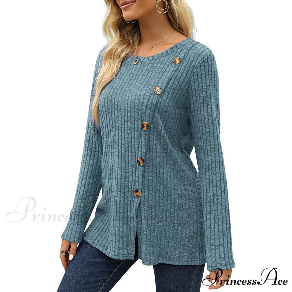 Arm Crew for Top with Neck Buttons Side Long Tunic Women