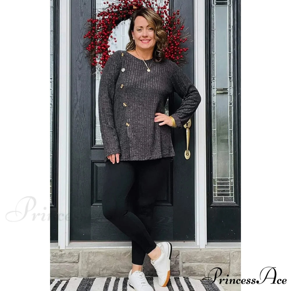 Arm Crew for Top with Neck Buttons Side Long Tunic Women